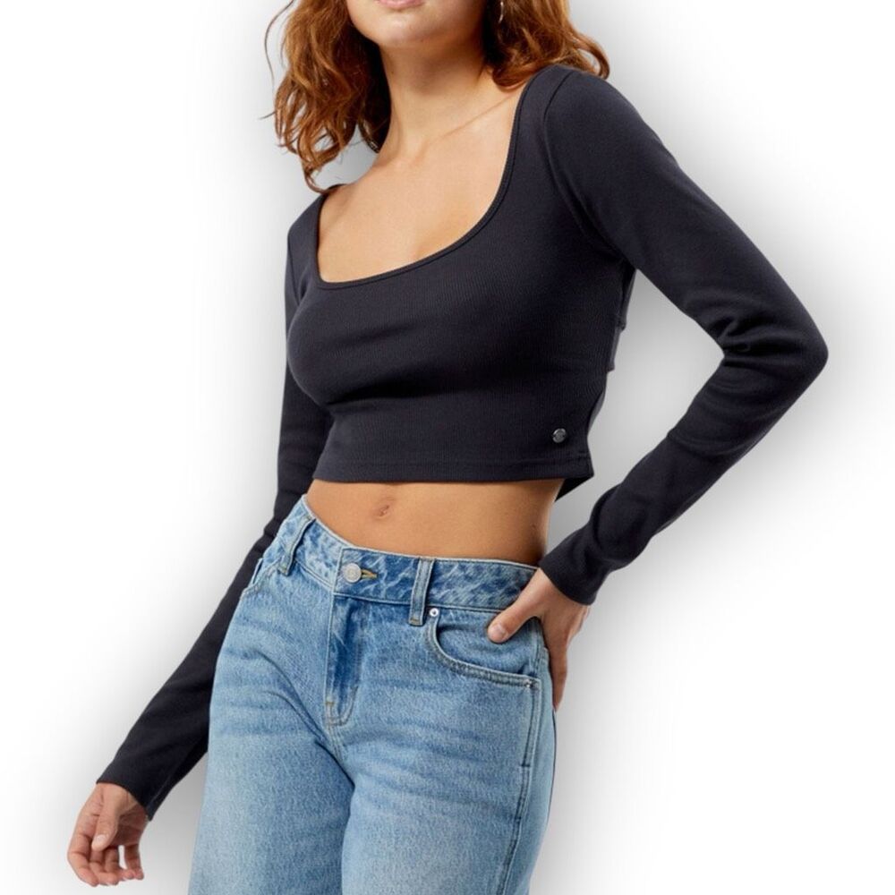 Roxy Charcoal Black Gray Good Keepsake Long Sleeve Cropped Top Women’s Medium